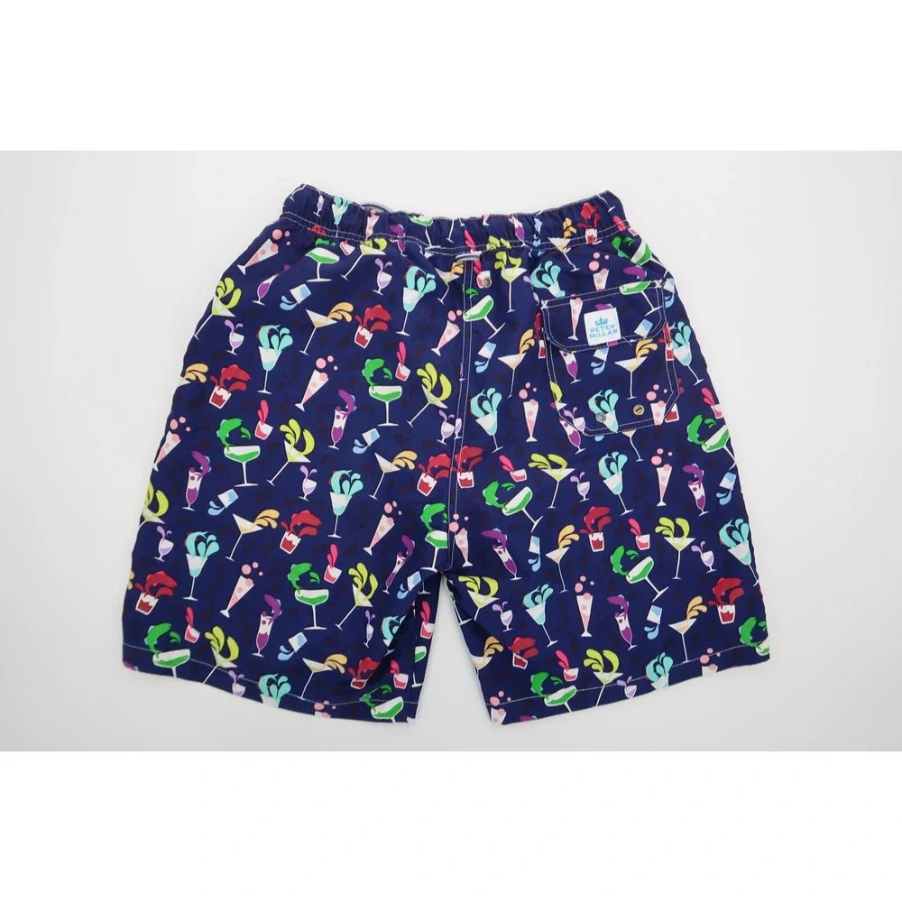Peter Millar Mens Small Blue Cocktail Drinks Alcohol‎ Swim Trunks Shorts